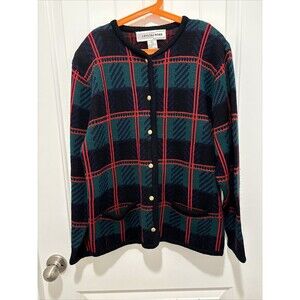 Vintage Crystal Kobe Sweater Womens Medium Plaid Red 100% Acrylic Cardigan